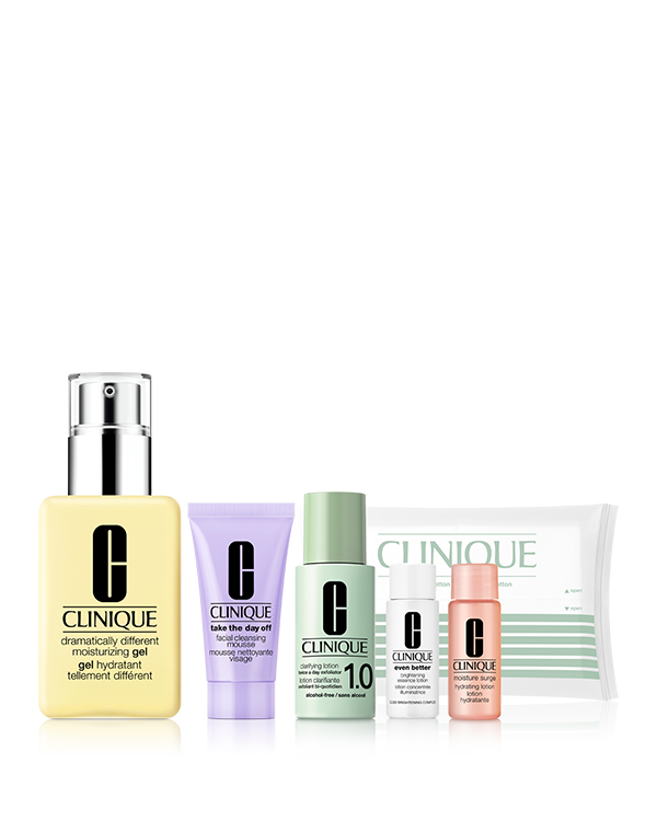 DRAMATICALLY DIFFERENT SET, \洗顔料や化粧水など、5つのミニスキンケアがセットに!/<br>3タイプから選べるモイスチャライザー セット。