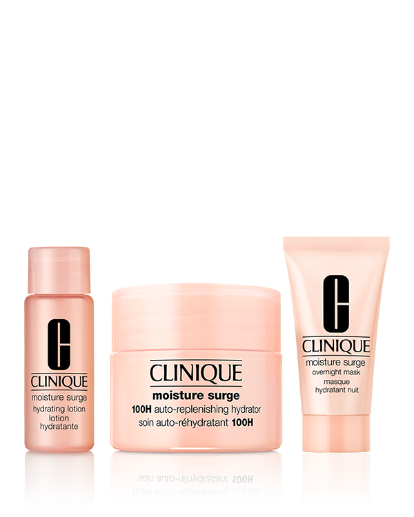 MOISTURE SURGE™ STARTER SET, 潤いチャージで、みずみずしい“保水美肌”に!<br>トライアルやプレゼント、クリニークデビューにぴったりな、「モイスチャー サージ スターター セット」